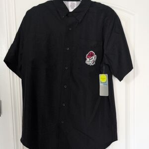 Pro Edge Black Casual Button-Down Shirt with Red Embroidered Patch